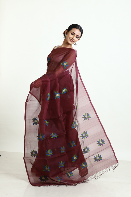 Chocolate Brown with multi colour lotus motifs handwoven jamadani silk saree