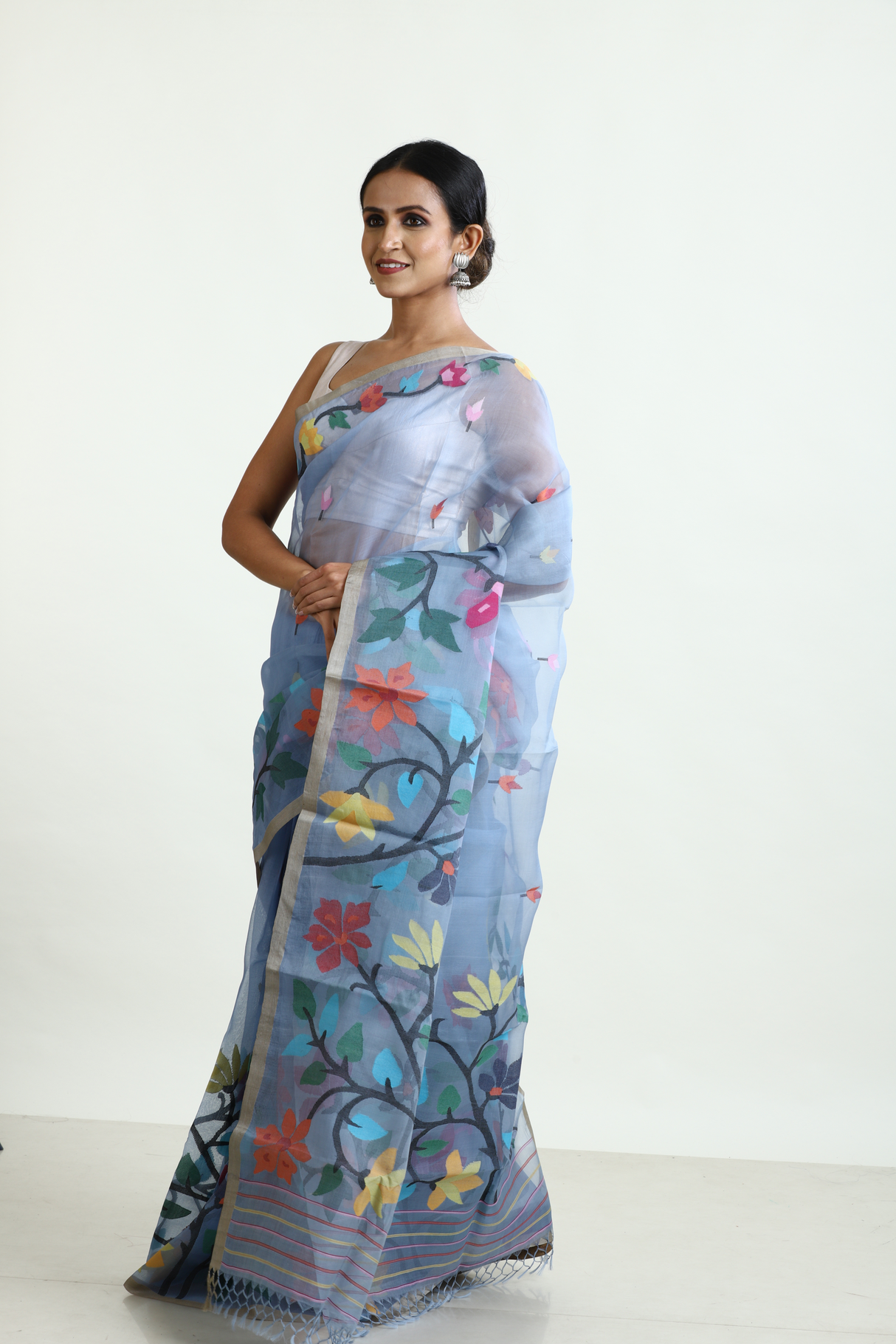 Blueish grey with multicolour allover floral border muslin silk handwoven jamdani saree