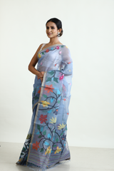 Blueish grey with multicolour allover floral border muslin silk handwoven jamdani saree
