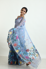 Blueish grey with multicolour allover floral border muslin silk handwoven jamdani saree