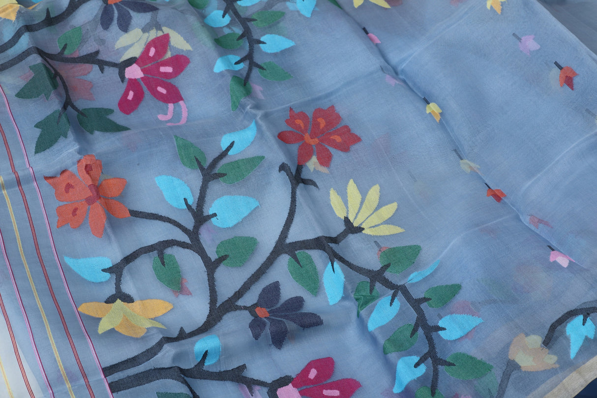 Blueish grey with multicolour allover floral border muslin silk handwoven jamdani saree