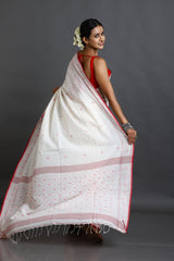 White With Red Border Net Pallu Handwoven Jamdani Saree