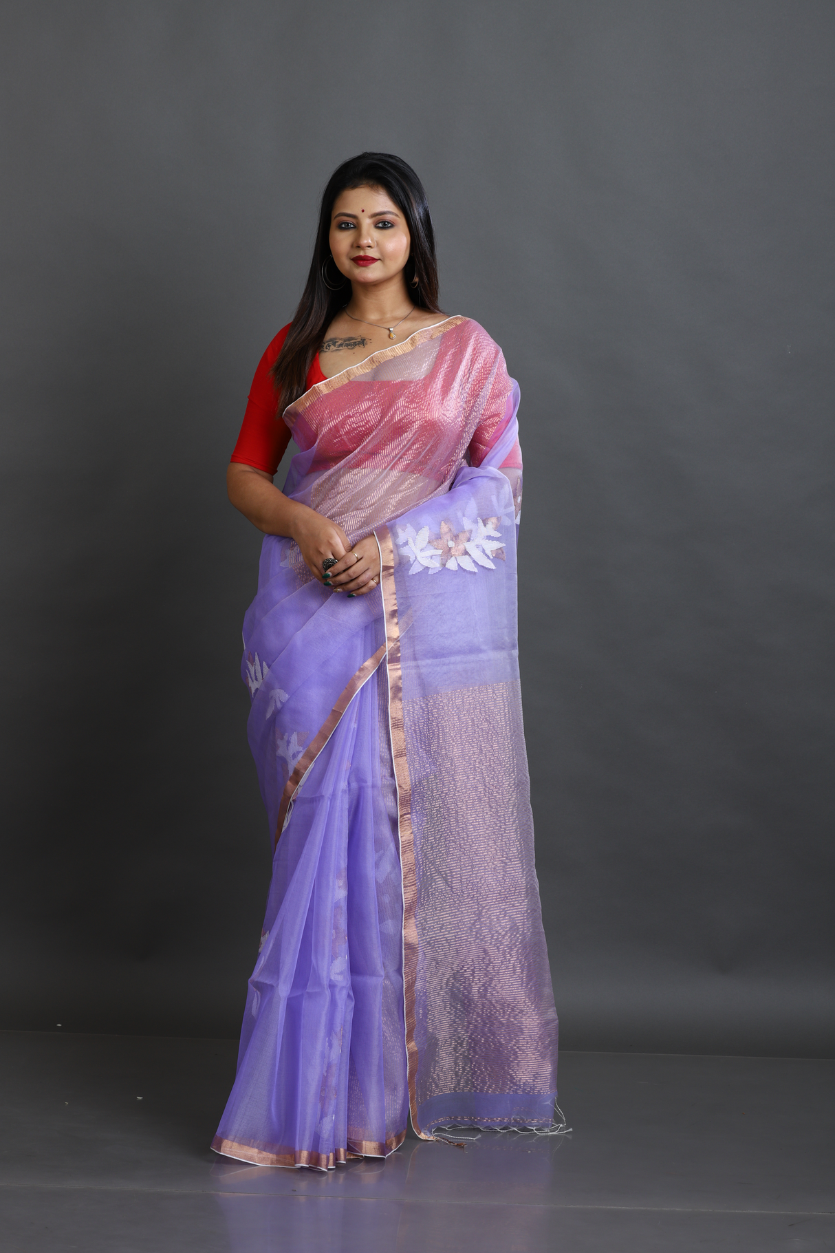 Lilac Organza silk Stripe With Floral buta handwoven jamdani saree