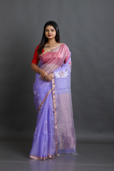 Lilac Organza silk Stripe With Floral buta handwoven jamdani saree - Tamal Boutique