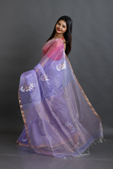 Lilac Organza silk Stripe With Floral buta handwoven jamdani saree - Tamal Boutique