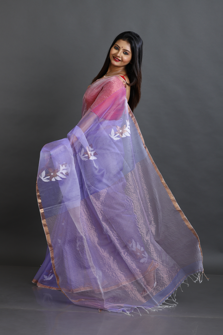 Lilac Organza silk Stripe With Floral buta handwoven jamdani saree