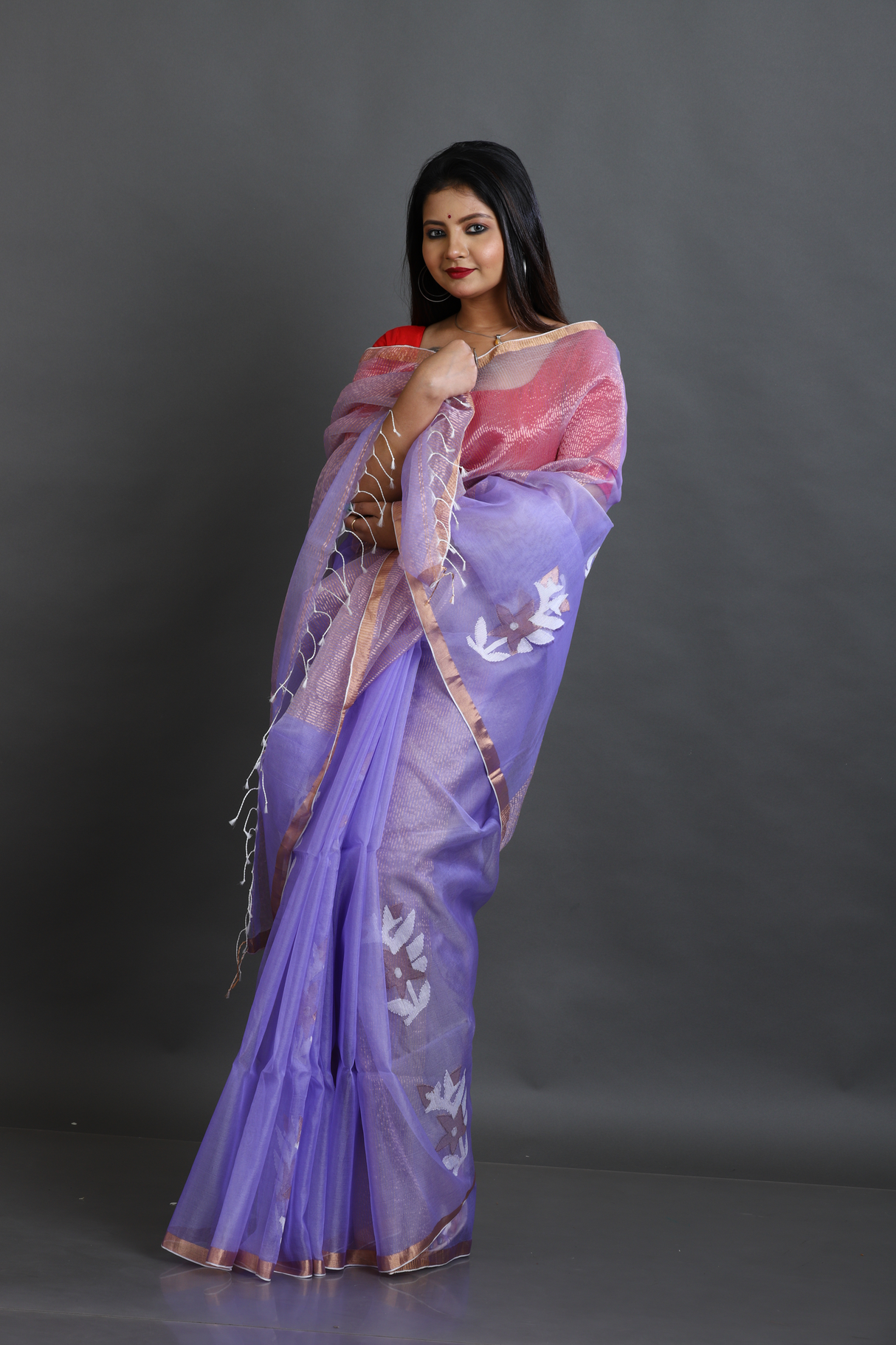 Lilac Organza silk Stripe With Floral buta handwoven jamdani saree - Tamal Boutique