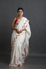 Offwhite with yellow border pure linen handwoven jamdani saree