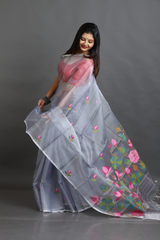 Ash with lotus motifs pallu muslin silk handwoven jamdani&nbsp saree