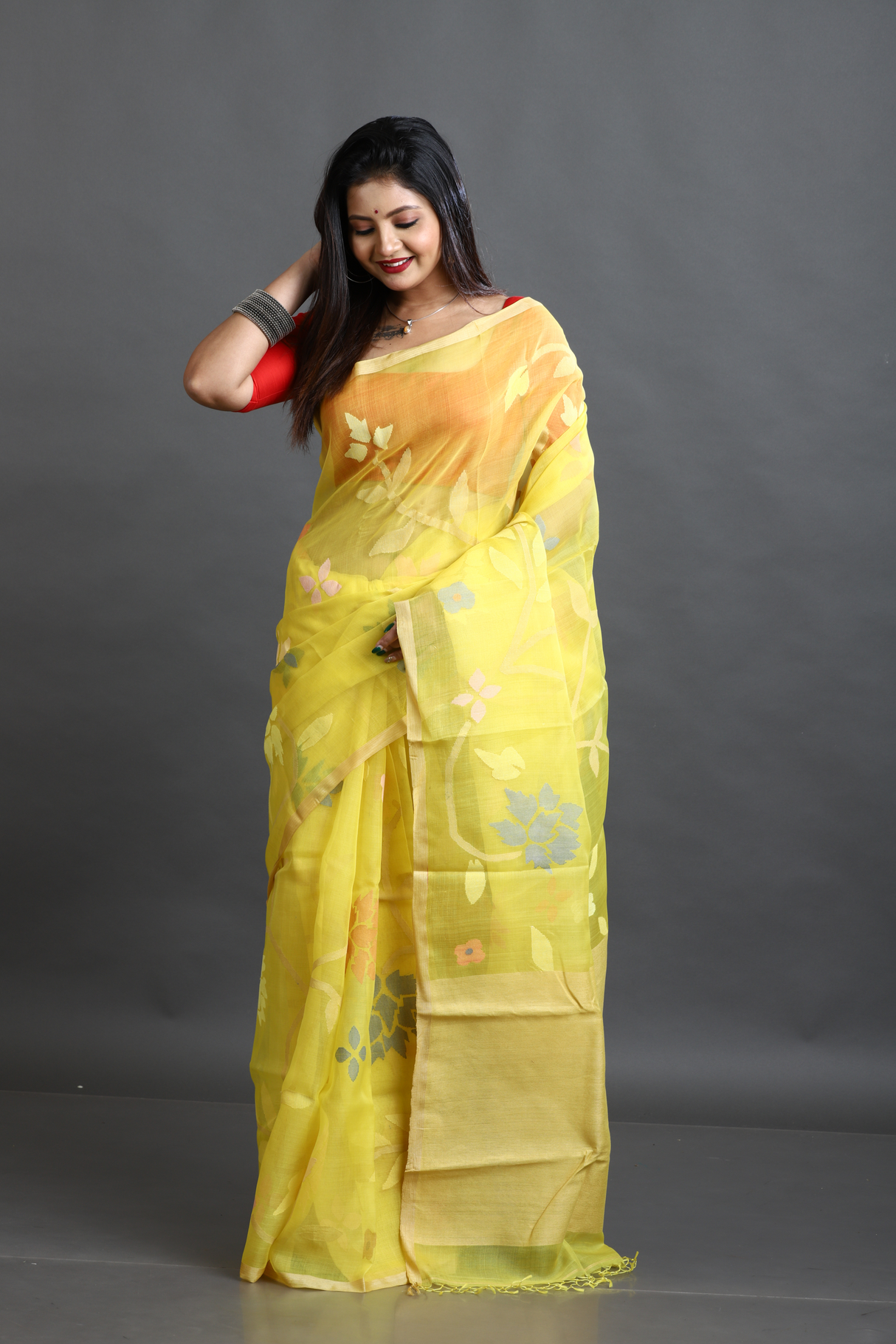 yellow with Multicolour allover floral motifs handwoven muslin silk jamdani saree