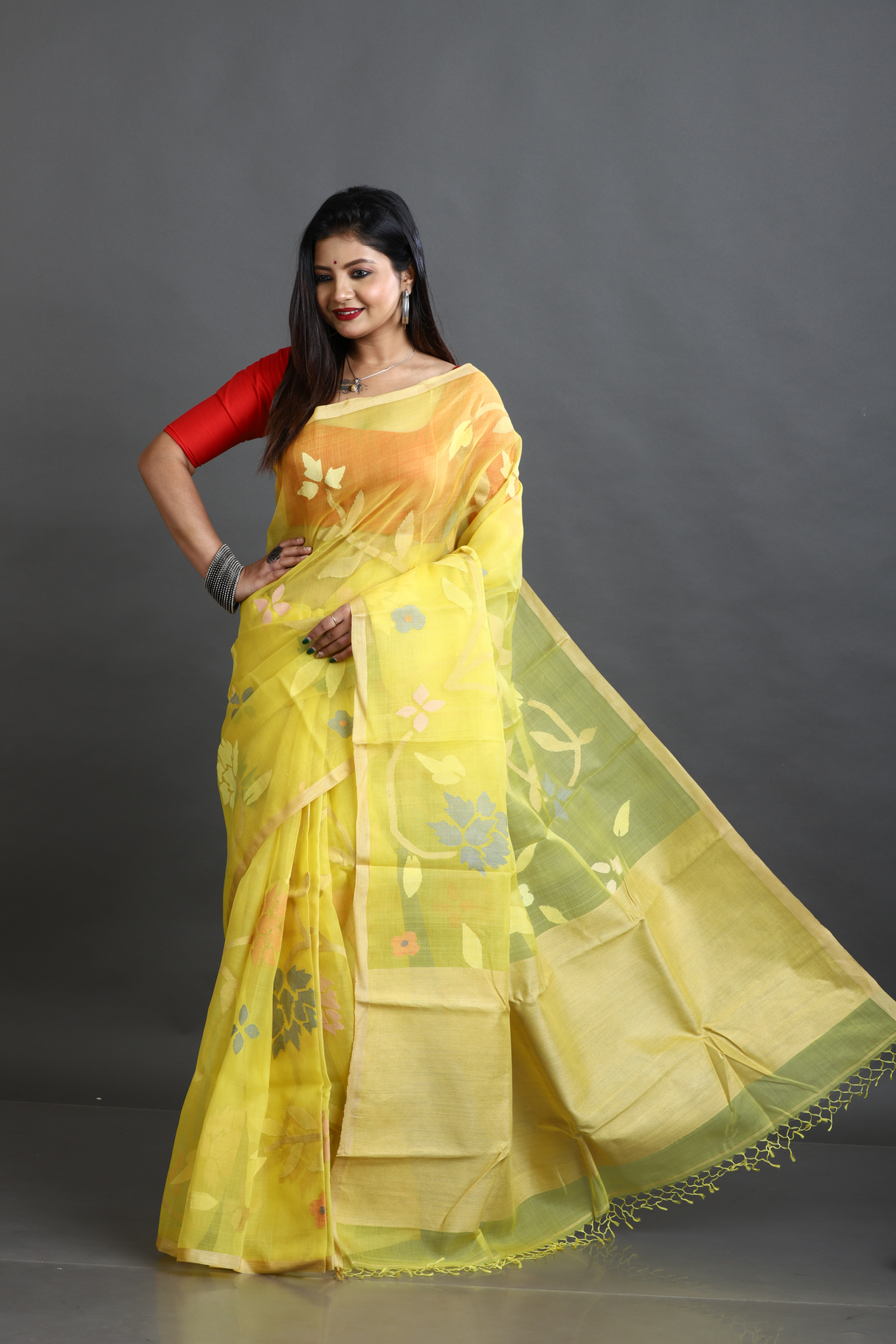 yellow with Multicolour allover floral motifs handwoven muslin silk jamdani saree