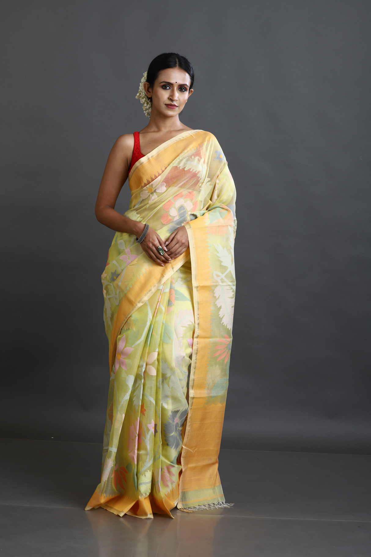 Yellow With Multi Colour Allover Floral Muslin Silk Handwoven Jamdani Saree