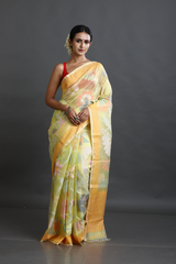 Yellow With Multi Colour Allover Floral Muslin Silk Handwoven Jamdani Saree - Tamal Boutique