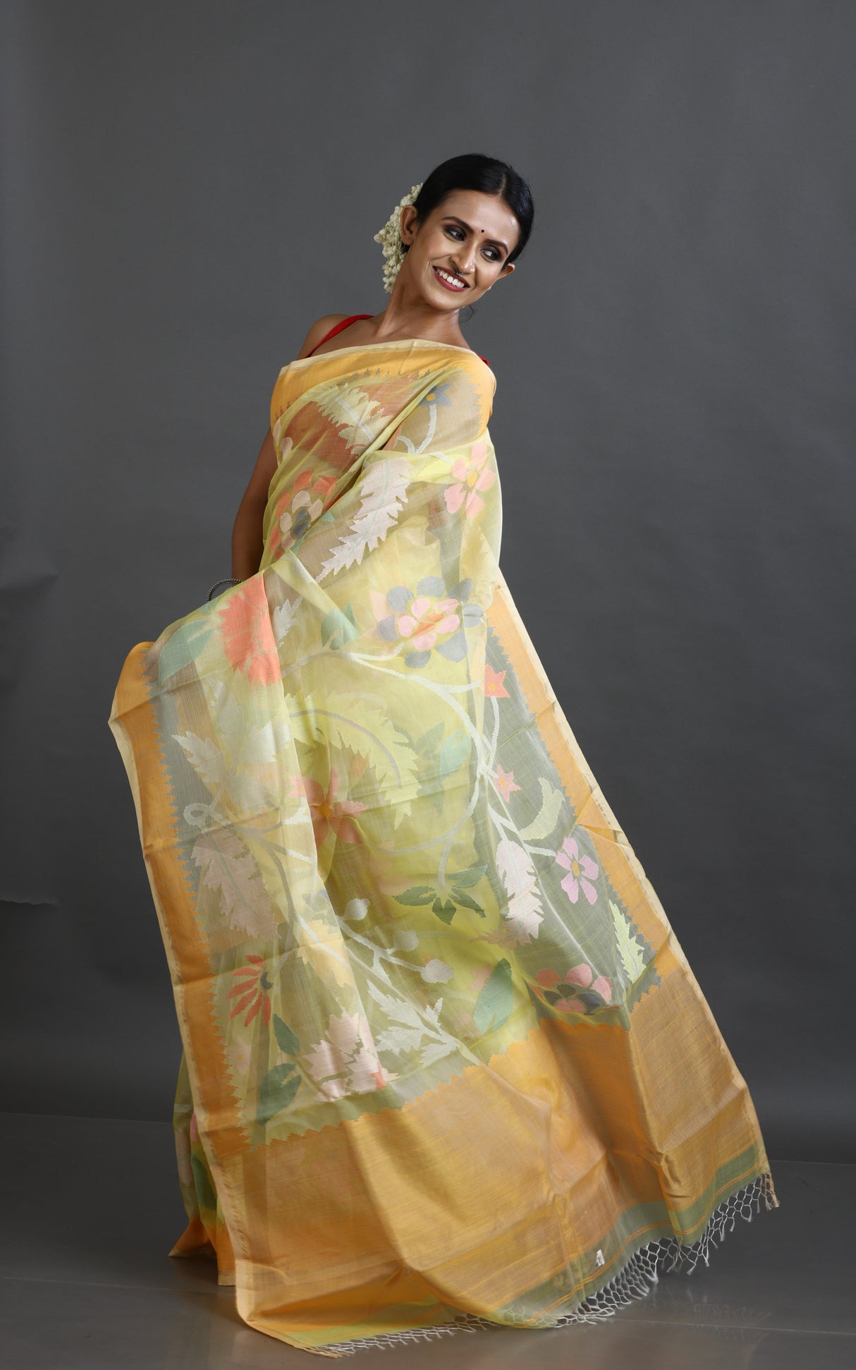 Yellow With Multi Colour Allover Floral Muslin Silk Handwoven Jamdani Saree