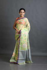 Yellow with purple border allover rose motifs handwoven musli silk jamdani saree