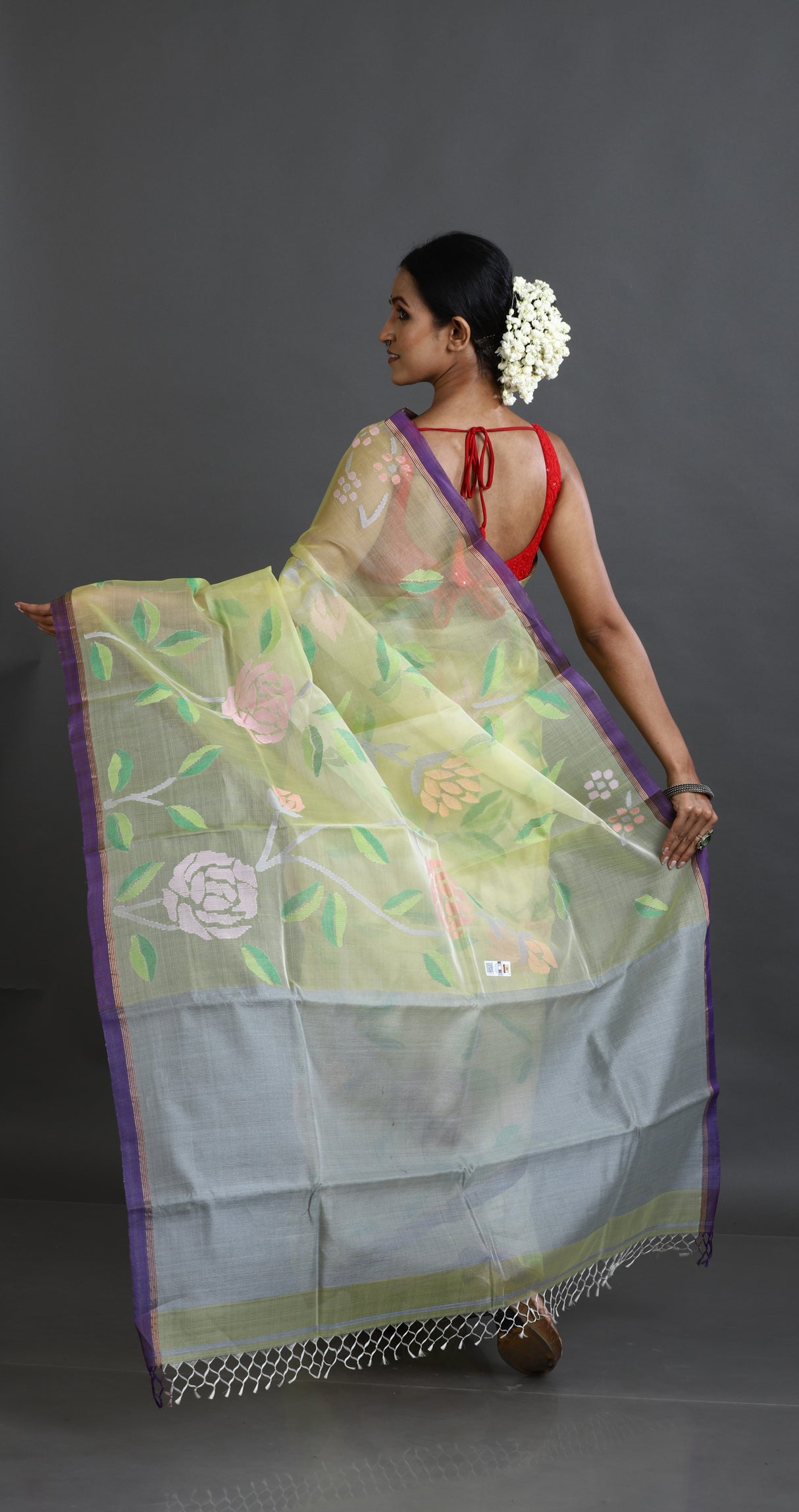 Yellow with purple border allover rose motifs handwoven musli silk jamdani saree