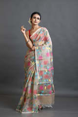 Beige with multi colour allover hibiscus motifs handwoven muslin silk jamdani saree