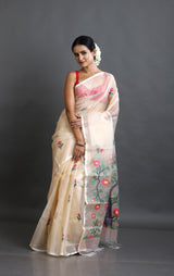 Cream with multi colour tree of life conceptual handwoven jamdani design in muslin silk saree