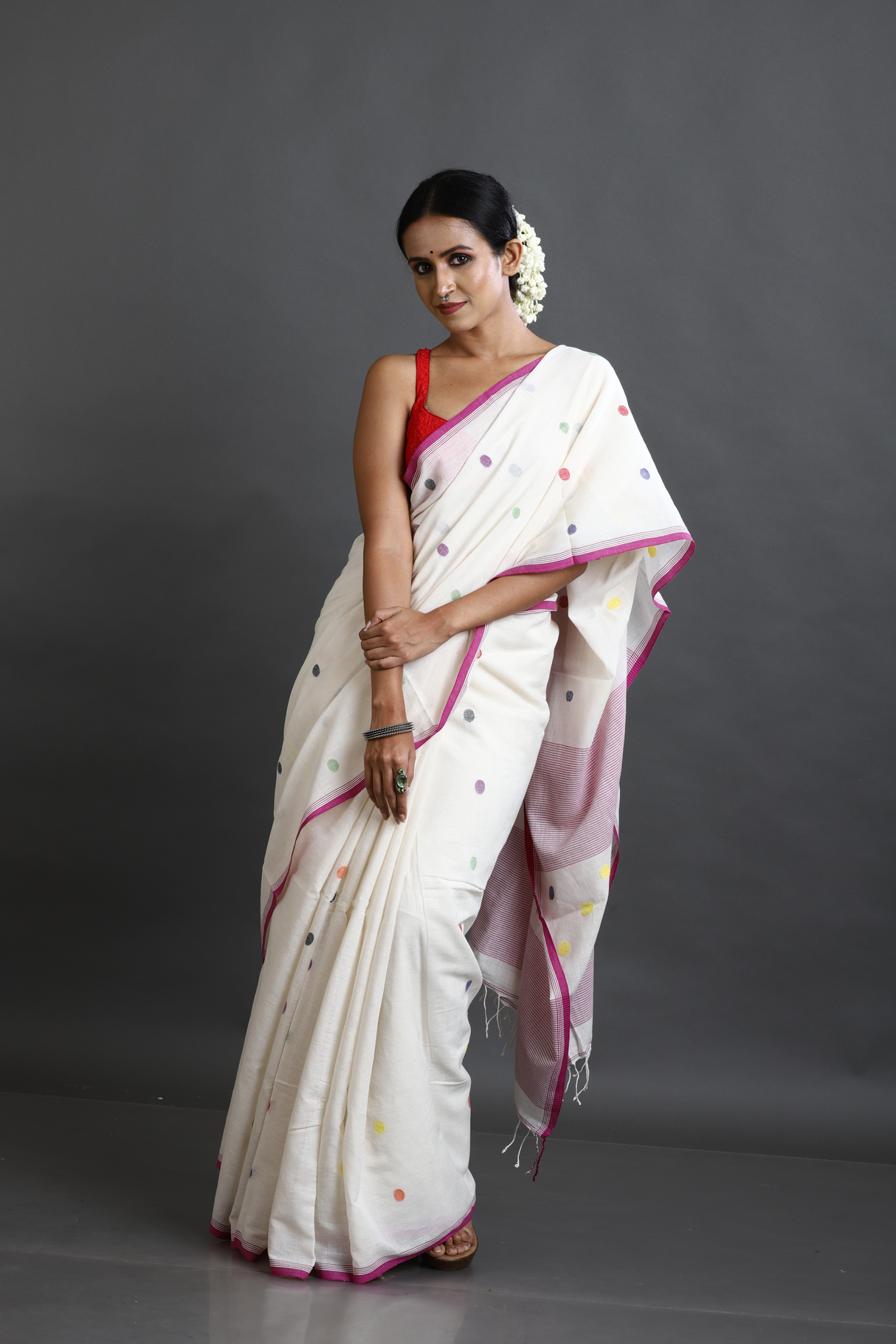 Offwhite with Pink border palka dot cotton handwoven jamdani saree - Tamal Boutique