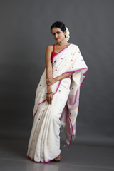 Offwhite with Pink border palka dot cotton handwoven jamdani saree