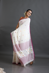 Offwhite with Pink border palka dot cotton handwoven jamdani saree