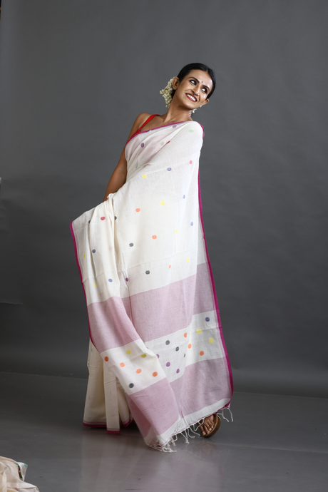 Offwhite with Pink border palka dot cotton handwoven jamdani saree - Tamal Boutique