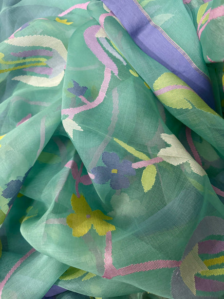 sea green with purple border allover floral motifs handwoven muslin silk jamdani saree