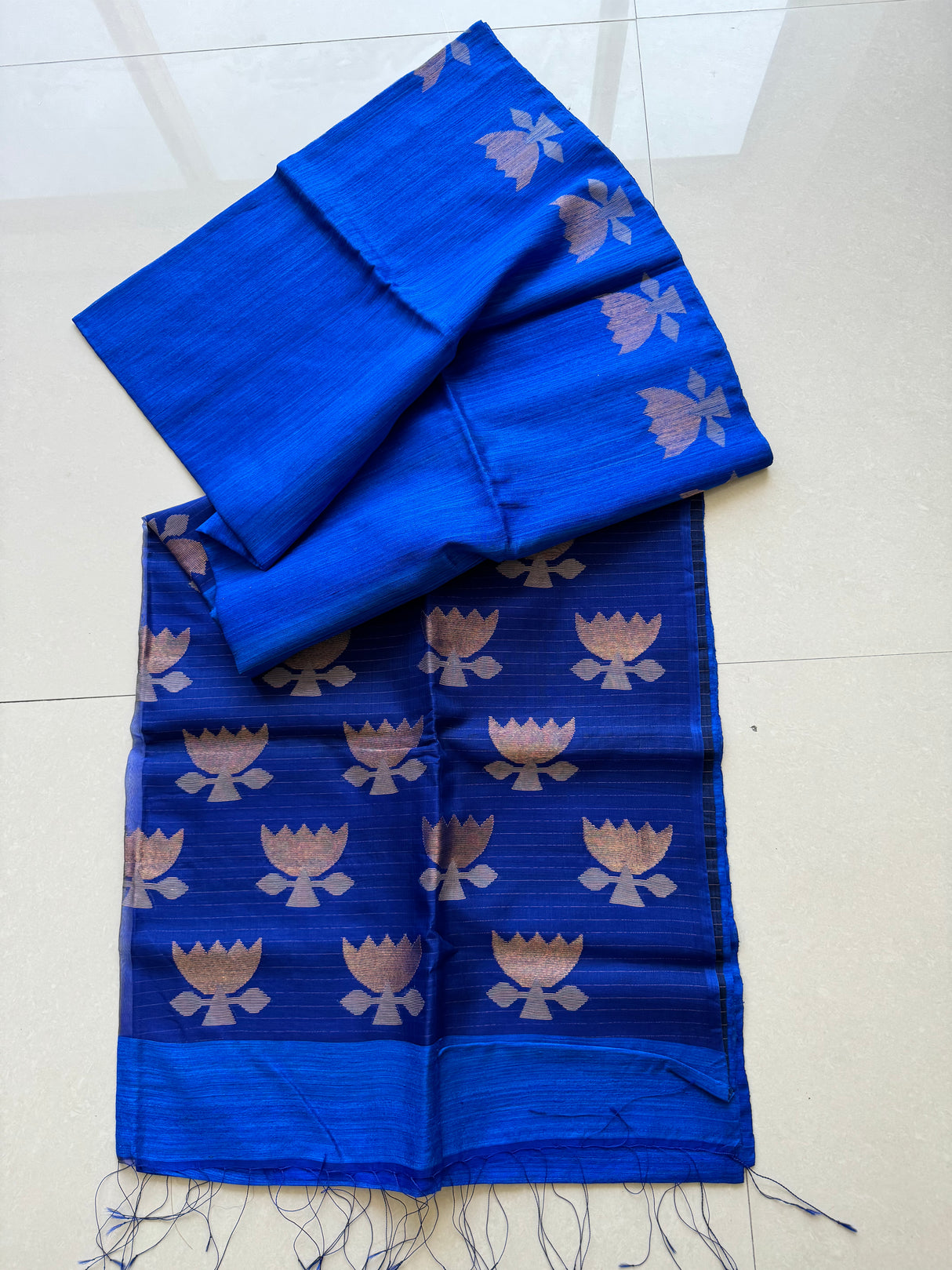 Royal blue golden lotus handwoven matka silk jamdani saree