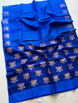 Royal blue golden lotus handwoven matka silk jamdani saree