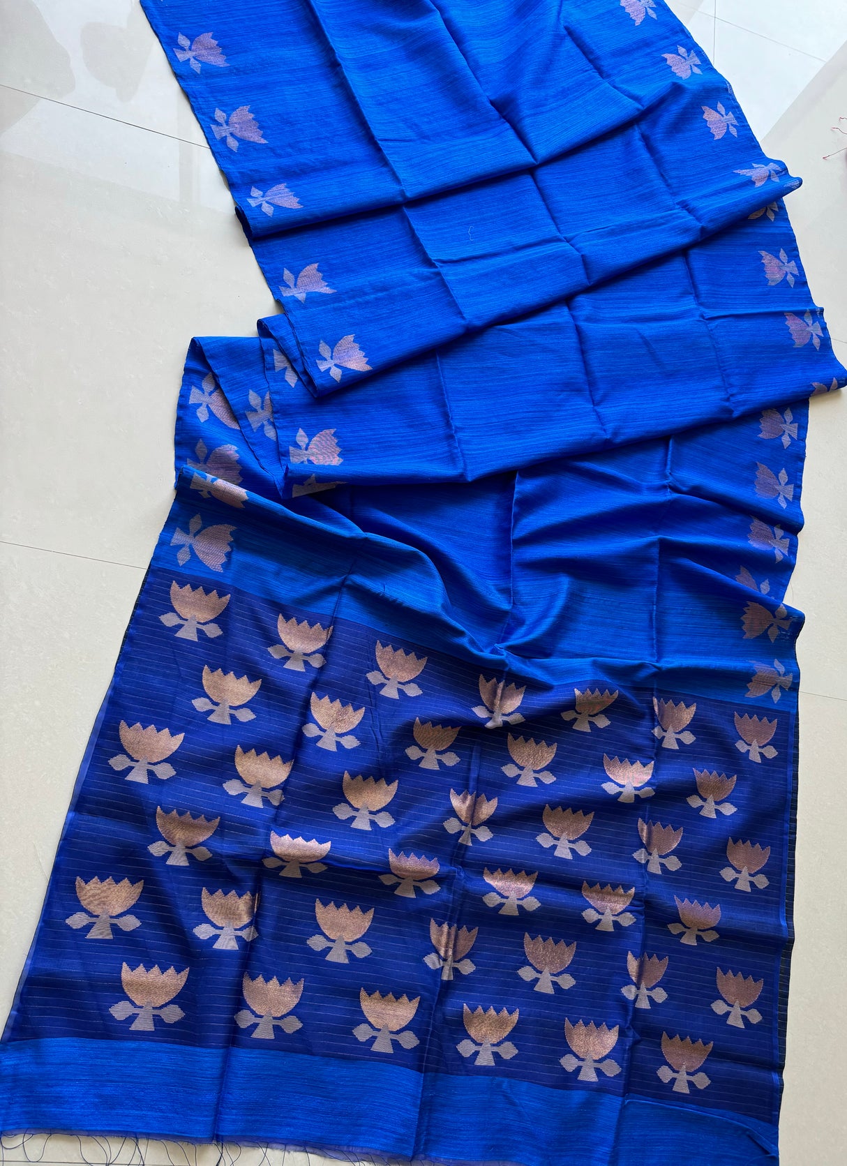 Royal blue golden lotus handwoven matka silk jamdani saree