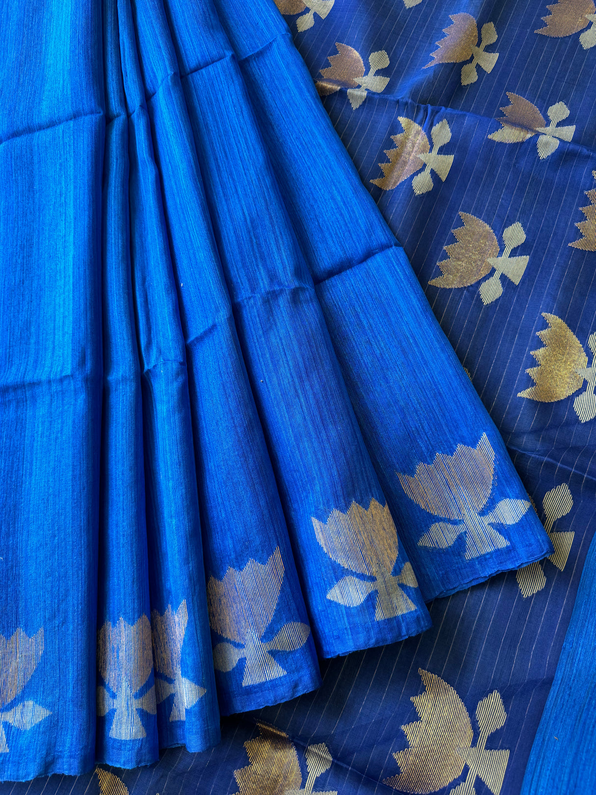 Royal blue golden lotus handwoven matka silk jamdani saree