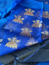 Royal blue golden lotus handwoven matka silk jamdani saree