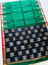 Bottle green with zari border golden lotus matka silk handwoven jamdani saree