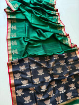 Bottle green with zari border golden lotus matka silk handwoven jamdani saree