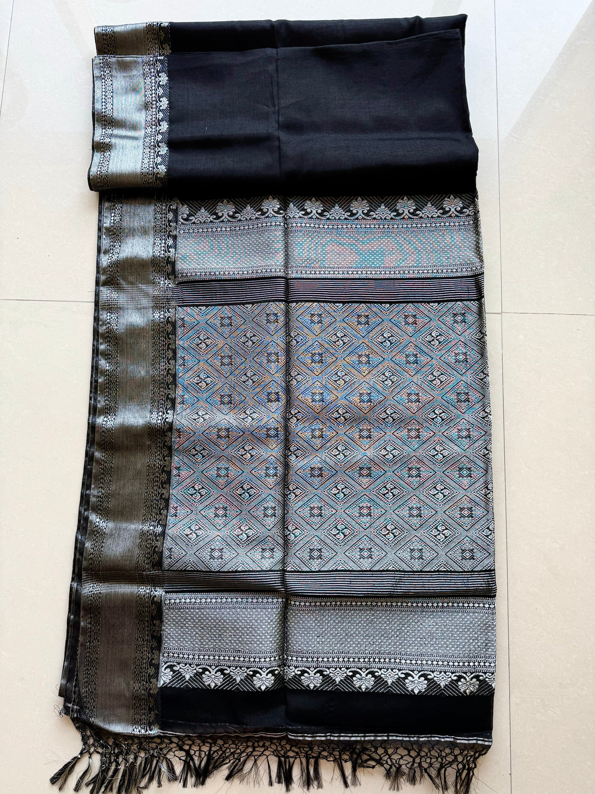 Black with silver zari tissue Banarasi handloom saree - Tamal Boutique