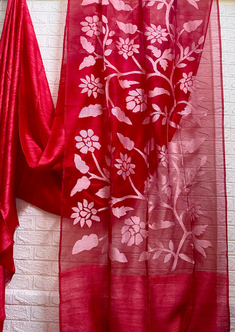 Red with white half & half muslin & matka silk handwoven jamdani saree