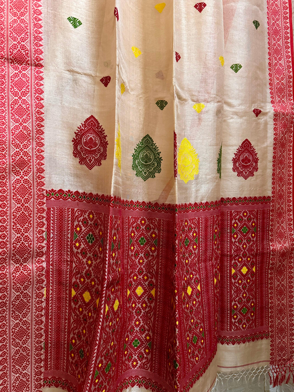 Muga with red border tussar silk handloom jamdani saree - Tamal Boutique