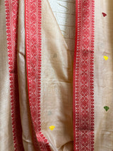 Muga with red border tussar silk handloom jamdani saree - Tamal Boutique