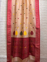 Muga with red border tussar silk handloom jamdani saree - Tamal Boutique