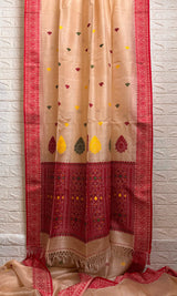 Muga with red border tussar silk handloom jamdani saree - Tamal Boutique