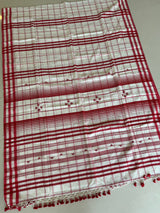 White with red bhujodi cotton handloom saree - Tamal Boutique