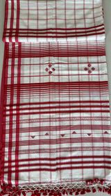 White with red bhujodi cotton handloom saree - Tamal Boutique