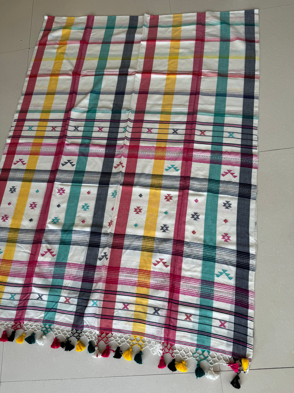 White with multi coloured check bhujodi handloom cotton saree - Tamal Boutique