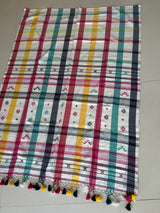 White with multi coloured check bhujodi handloom cotton saree - Tamal Boutique