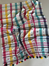 White with multi coloured check bhujodi handloom cotton saree - Tamal Boutique