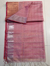 Light rose pink with golden & silver zari border Resham Tussar Tissue sequins handwoven saree - Tamal Boutique