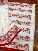 Offwhite with red pure muslin silk traditional handwoven jamdani saree