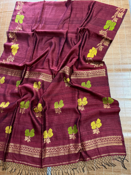 Brownish maroon with floral lata border matka silk handloom saree