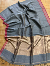 slate with maroon border zari tissue linen handloom saree - Tamal Boutique