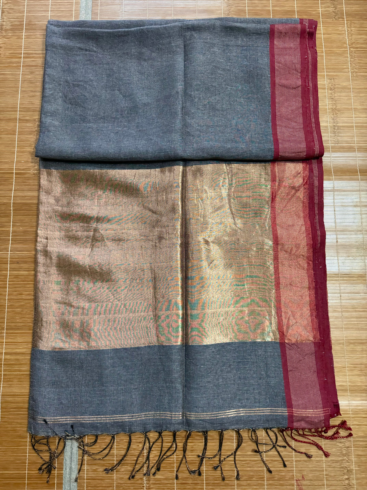 slate with maroon border zari tissue linen handloom saree - Tamal Boutique